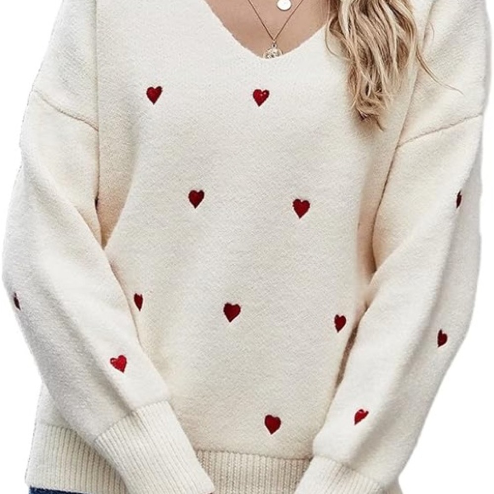 Cream Sweater with Red Heart Accents